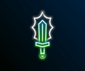 Glowing neon line Magic sword in fire icon isolated on black background. Fiery sword. Magic weapon of knight, sorcerer, magician. Fire spell. Burning blade. Colorful outline concept. Vector