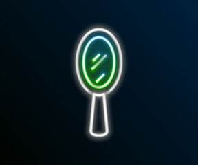 Glowing neon line Magic hand mirror icon isolated on black background. Colorful outline concept. Vector