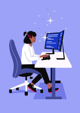 Software engineering sitting by computer.  two monitors on desk.  female software developer coding in front of screen.  computer science programmer typing.  work from home remote tech.