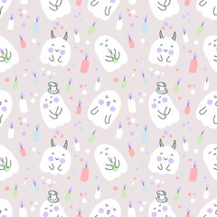 Multicolor seamless pattern with ghosts, candles and spots. Perfect for scrapbooking, poster, textile and prints. Hand drawn illustration for decor and design.