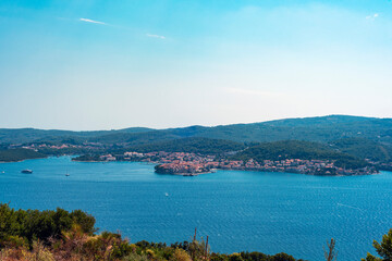 Aerial view of Korcula town on the island of the same name. View from Peljesac peninsula
