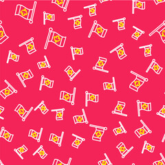 Line Flag of Canada icon isolated seamless pattern on red background. North America country flag on flagpole. Vector
