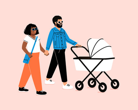 Interracial  couple pushing stroller. happy family with newborn taking a walk.  mother father baby together. Smiling parent on maternity leave. 