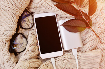 Composition of smartphone, glasses and branches with burgundy sheets on a knitted background. Autumn layout