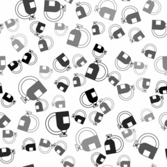 Black Dishwashing liquid bottle and plate icon isolated seamless pattern on white background. Liquid detergent for washing dishes. Vector