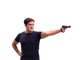 Aggressive young man with gun isolated on white