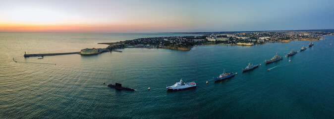 Russian fleet parade in Sevastopol bay at Navy day, aerial view