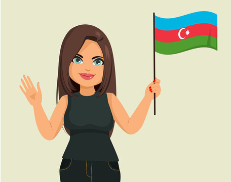 Beautiful Brunette Azerbaijani Woman Holding Azerbaijan Flag Making Saluting Hand Gesure