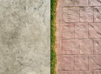 Polished concrete and stamped concrete collage of different textures and finishes exterior decorative pavement, soft smooth and cobblestone pattern