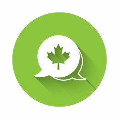White Canadian maple leaf icon isolated with long shadow background. Canada symbol maple leaf. Green circle button. Vector