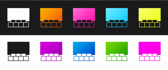 Set Cinema auditorium with screen icon isolated on black and white background. Vector