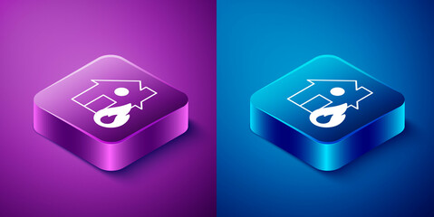 Isometric Fire in burning house icon isolated on blue and purple background. Square button. Vector