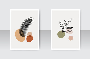 Minimalist abstract hand drawn vector posters. Contemporary natural wall art with plants. Modern art