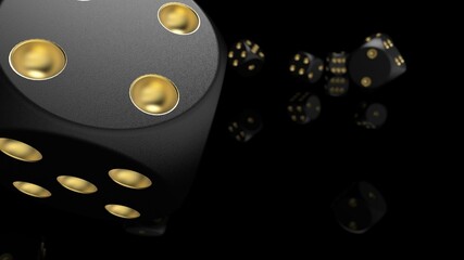 Rolling black-gold dices under black-white flash background. 3D CG. 3D illustration. 3D high quality rendering.