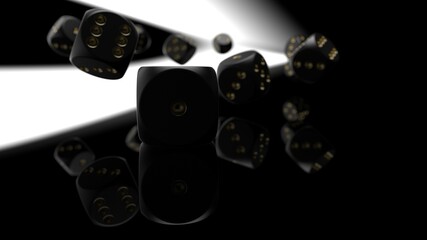 Rolling black-gold dices under black-white flash background. 3D CG. 3D illustration. 3D high quality rendering.