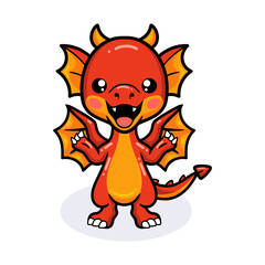 Cute red little dragon cartoon waving hands