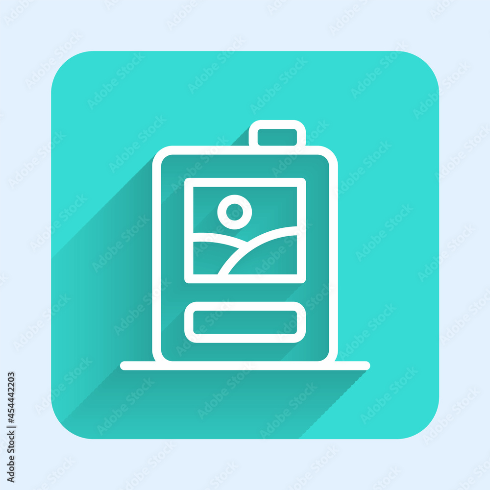 Poster white line cardboard box of wine icon isolated with long shadow background. green square button. vec
