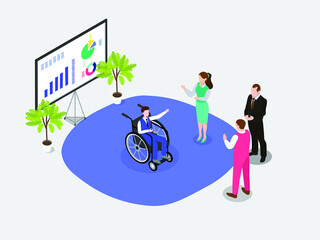 Fototapeta premium Disabled businessman sitting on wheelchair and talking with his partner during a meeting. isometric vector concept