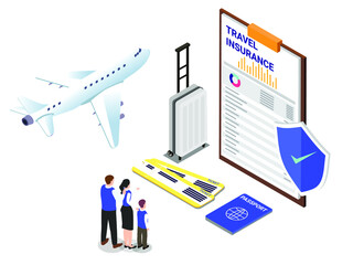 Family looking at travel insurance application form with ticket, passport, and luggage. isometric vector concept