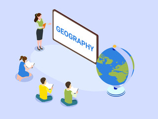 Geography teacher explaining a globe map to elementary school students. isometric vector concept