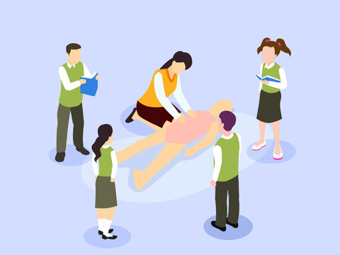 First aid cpr training class withe female trainer practicing cpr on a doll. isometric vector concept