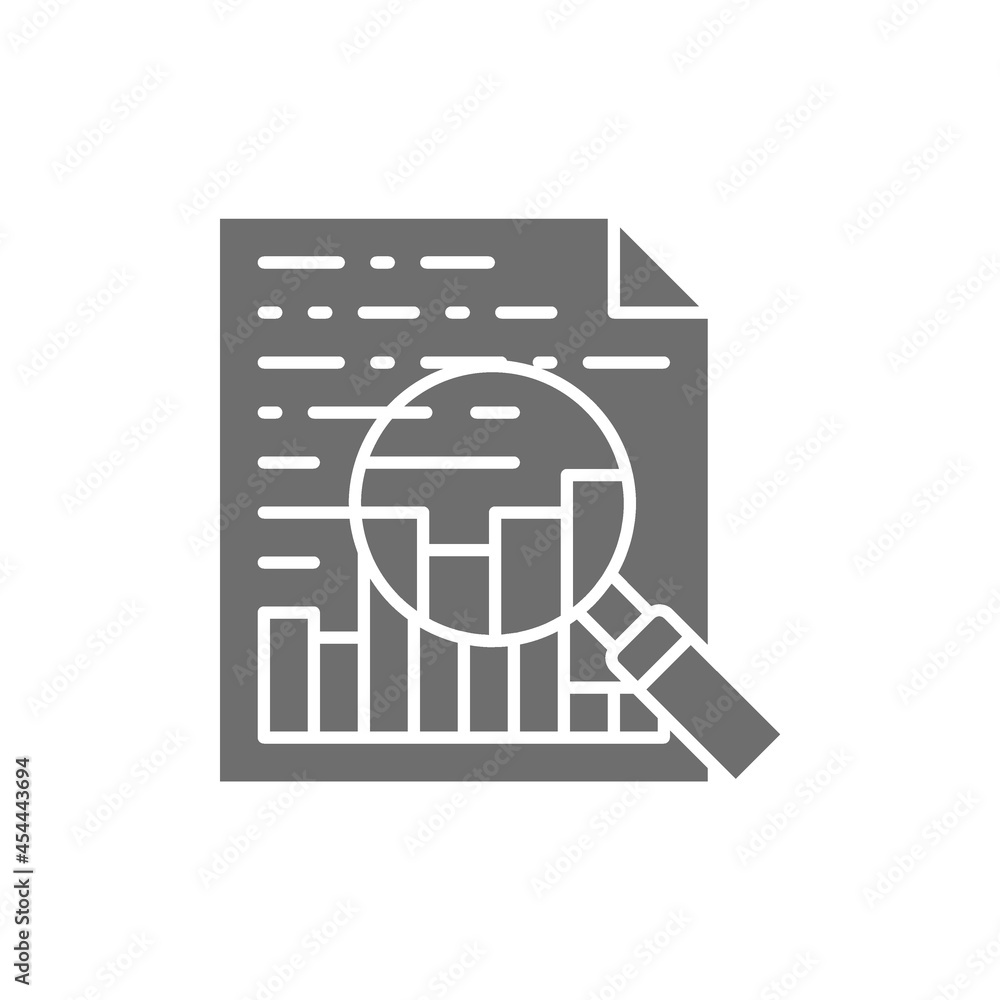 Aufkleber charts and graphs, document with statistic and magnifying glass grey icon.