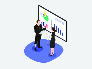 Disabled businessman with artificial leg discussing financial graph with businesswoman. isometric vector concept