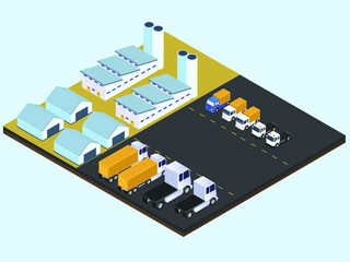 New trucks for logistics transportation parked at the factory parking area. Isometric vector concept