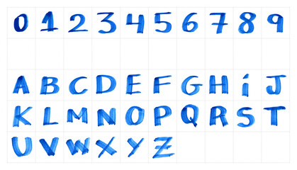 Handmade lettering alphabet, ABC, handwritten with marker, blue pen texture. Design layout, font, type, typography, character, letter, brush, white background.  - obrazy, fototapety, plakaty