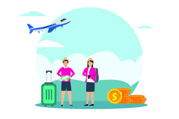 Traveling vector concept: Young couple standing with luggage and map while enjoying traveling together