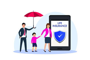 Life insurance vector concept: Young man covering mother and son while using umbrella with life insurance on mobile phone 