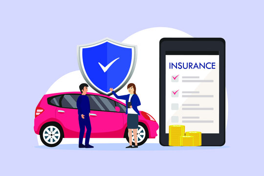Car insurance vector concept: Saleswoman offering car insurance to young man 