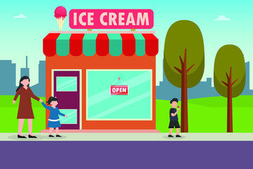 Naklejka premium Ice cream store vector concept: Little girl and her mother going to ice cream store while joining hands together