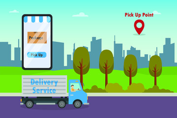 Obraz premium Pick up vector concept: Male courier pick up package while driving the truck