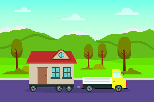 Mobile house vector concept: Caravan trailer is on the highway towards the camping ground
