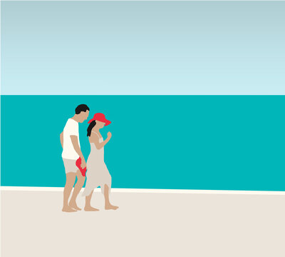 Romantic couple is walking together at summer beach on vacation. Relax Rest Recreation. Hand drawn style vector design illustrations.