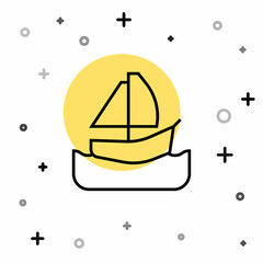 Black line Yacht sailboat or sailing ship icon isolated on white background. Sail boat marine cruise travel. Random dynamic shapes. Vector