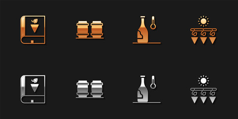 Set Book about grapes, Wooden barrel for wine, Wine temperature and Drying icon. Vector