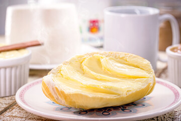 bread with butter, salted Brazilian drumstick with butter served with coffee