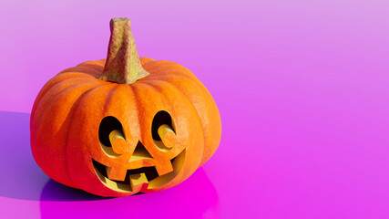Halloween pumpkin with funny smile on its face. Carved pumpkin with copy space on purple background. 3D rendering illustration. 