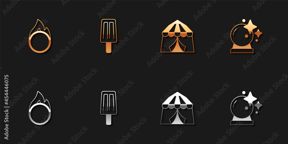 Sticker Set Circus fire hoop, Ice cream, tent and Magic ball icon. Vector