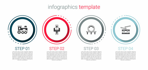 Set Toy train, Attraction carousel, Roller coaster and Drum with drum sticks. Business infographic template. Vector