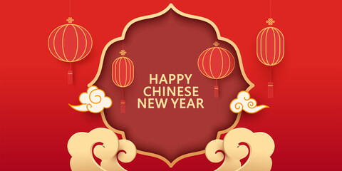 Chinese traditional window or new year vector illustration, red lanterns and auspicious clouds pattern
