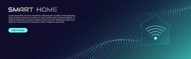 Smart home concept, modern technologies, future. Vector illustration of an abstract house stylistically designed in the form of microcircuits, lines. Web banner design template, site decoration.