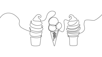 Ice cream sundae continuous line drawing set. One line art of dairy produce, milk products, food.