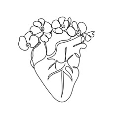Human heart with a wreath of orchids one line set art. Continuous line drawing of internal organ and flowers.