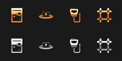 Set Plastic bag of drug, Sheriff hat with badge, Walkie talkie and Prison window icon. Vector