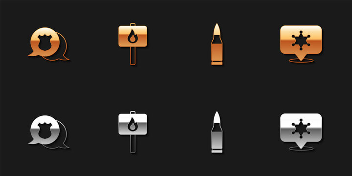 Set Police badge, Protest, Bullet and Hexagram sheriff icon. Vector