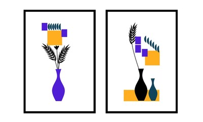 Set two of flowers in vase wall art. Vintages contemporary wall decor. Geometry shapes wall Decorations. Home Decorations vector Ilustration.