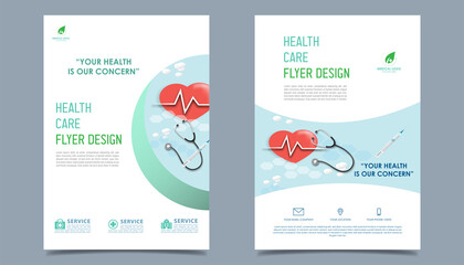 Health Care flyer brochure template design, fmedical healthcare flyer template white background for text, space for picture and blue wavy lines decoration. vector illustration 